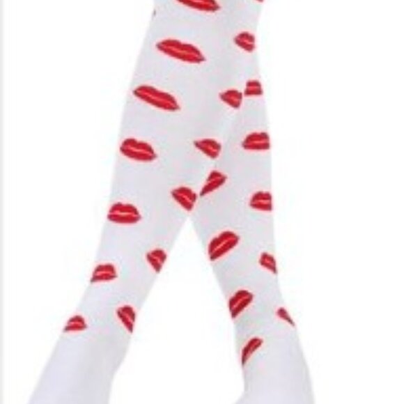 3 KNEE THIGH HIGH SOCKS RED LIP HEART PATTERN - Picture 4 of 4